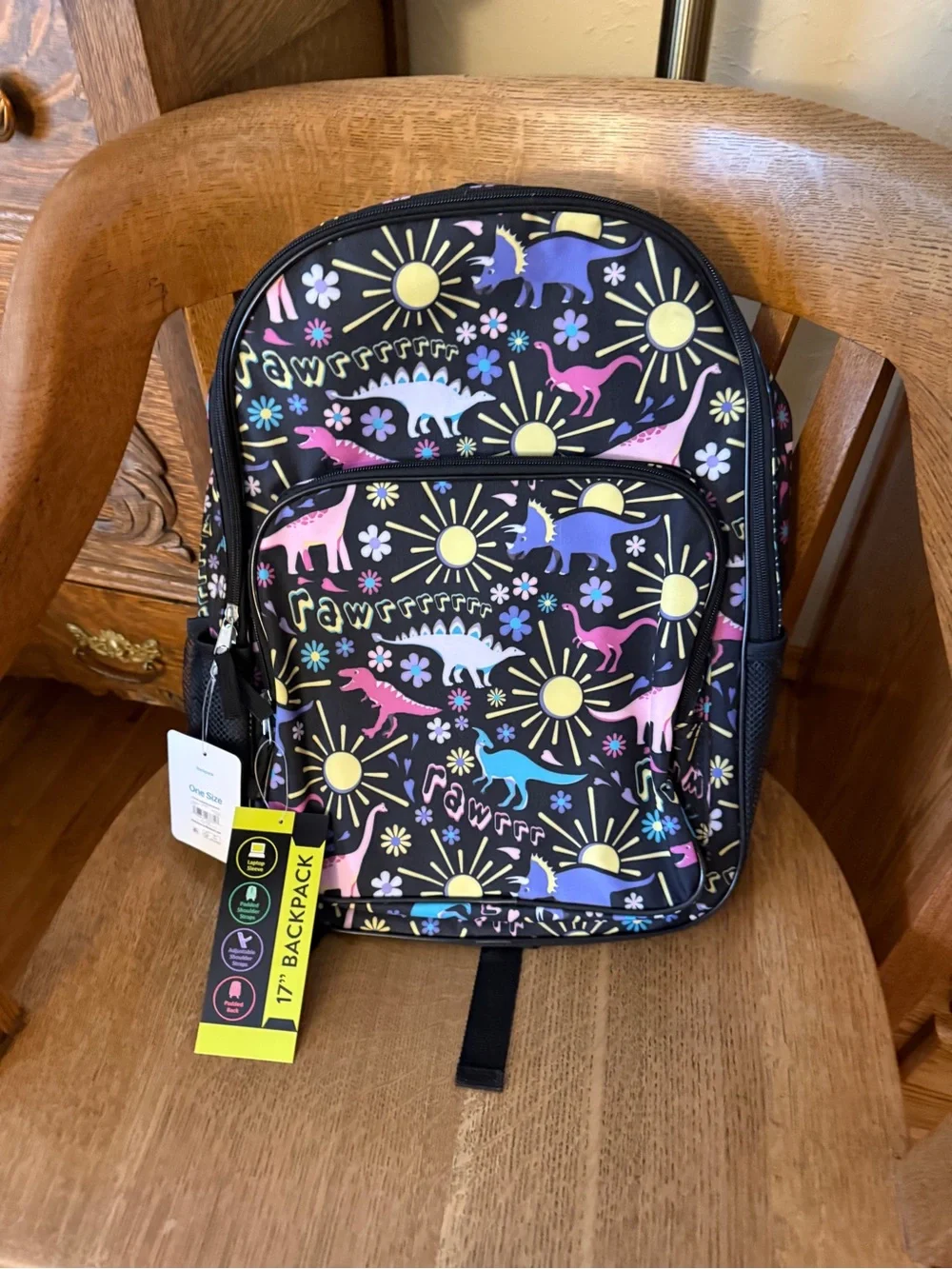 Wonder Nation Kids Black Backpack with Pastel Pink Dinosaurs and Sun Print NEW